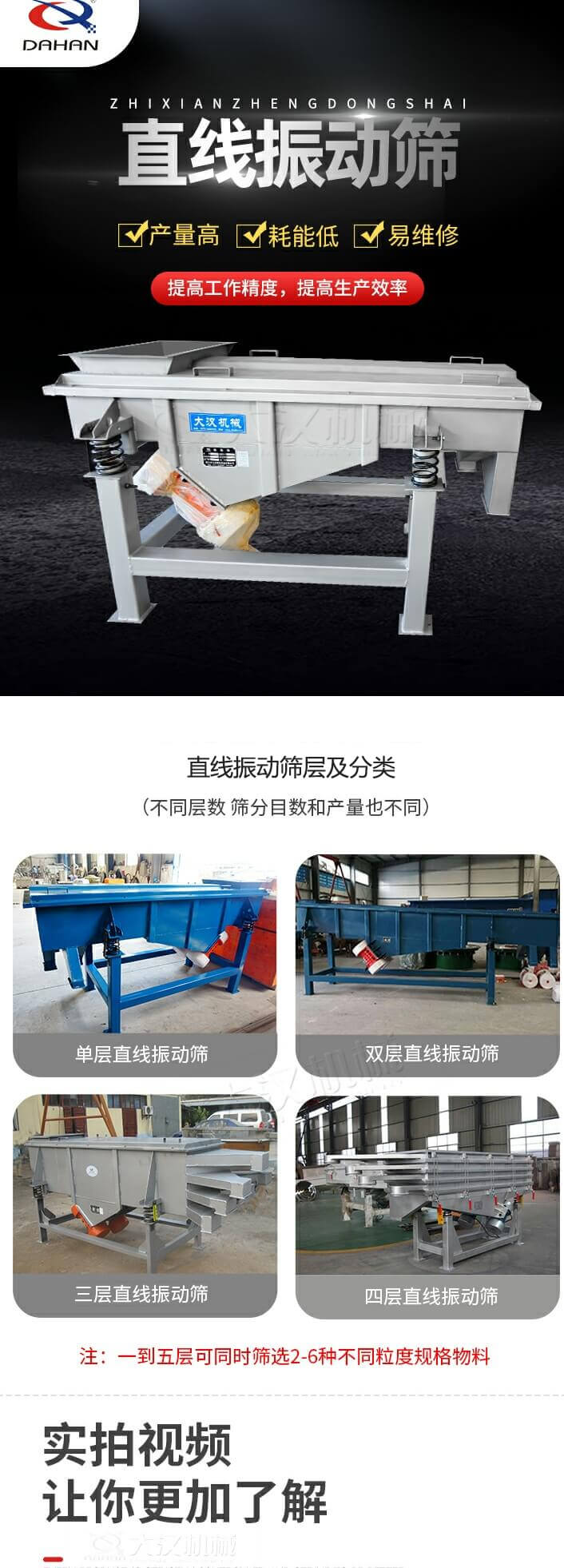 直線振動篩概述,產(chǎn)量高,耗能低,易維修,提高工作精度,提高生產(chǎn)效率,直線振動篩層級分類:不同層數(shù),篩分目數(shù)和產(chǎn)量也不同:單層,雙層,三層,四層等。
